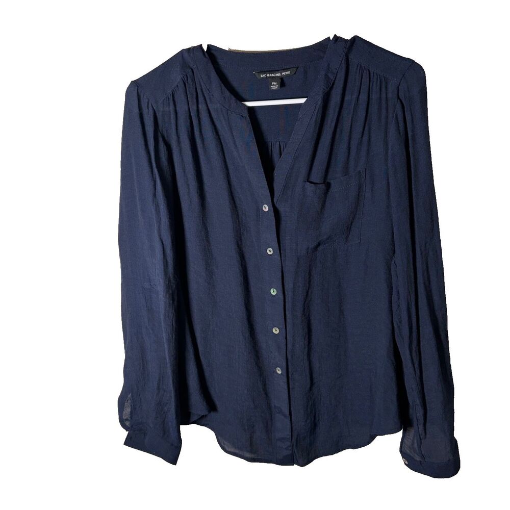 Zac & Rachel Blouse Women's Petite Medium Blue Button Up Long Sleeve V-Neck